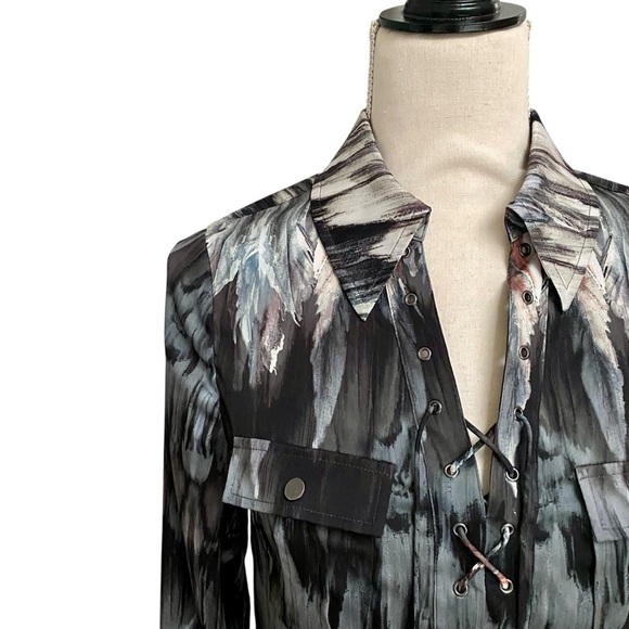 Haute Hippie Feather Print Lace Up Mini Dress 4 Boho Silky Designer Night Out - Picture 4 of 16